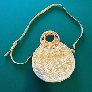 Anthropologie Woven Rattan Circle Crossbody Bag Straw Cane Handbag Neutral